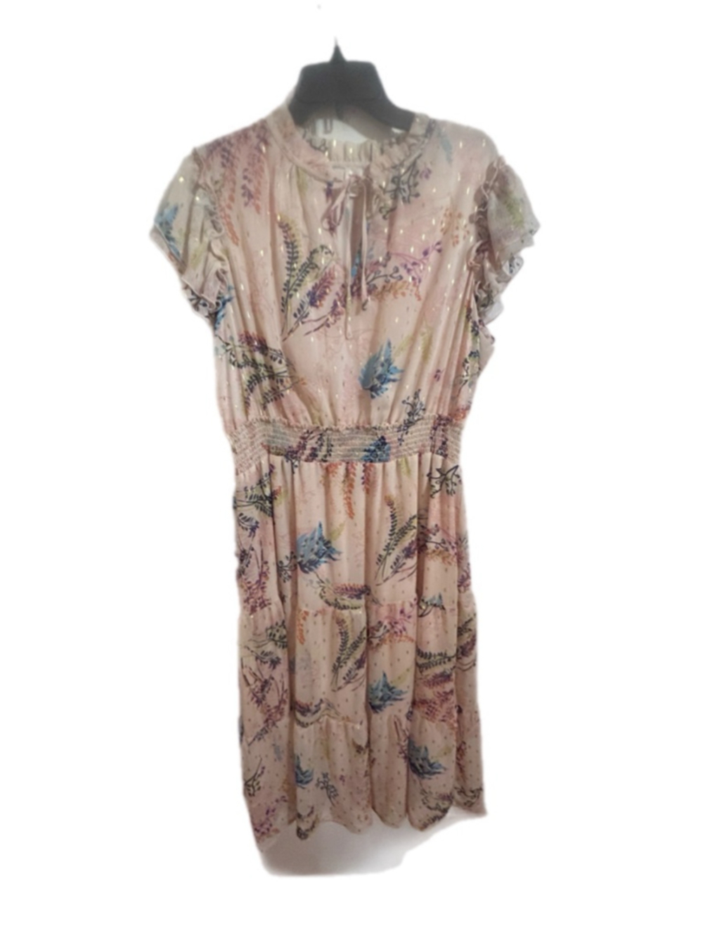 Autres Filles Pink Floral Metallic Chiffon Midi Dress Flutter Sleeve 1X Plus - Picture 2 of 7